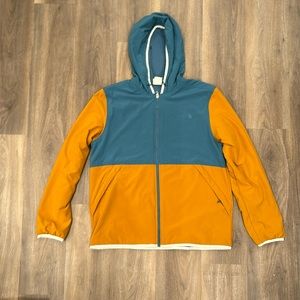 North face jacket, full, zip, blue and burnt orange/brown white lines.